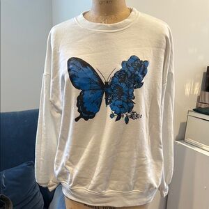 BLUE BUTTERCUP White Sweatshirt with Blue Butterfly Design